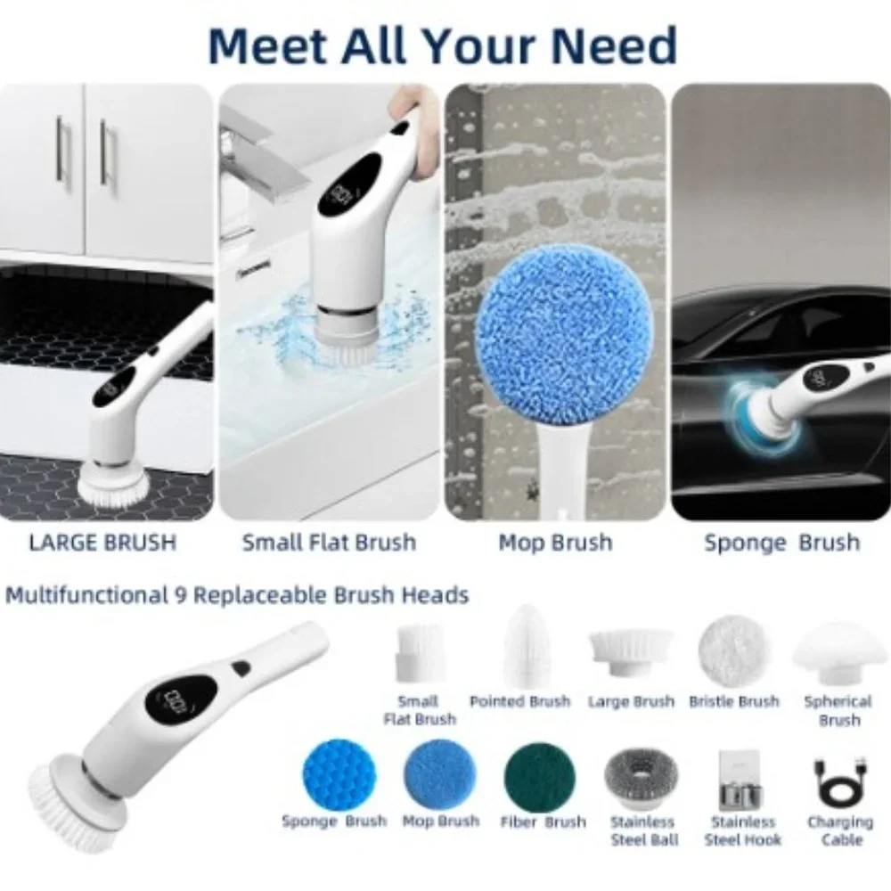Cordless LED Electric Spin Scrubber/ Voice Prompt/ 3 Speeds/ Extension Arm/ IPX7
